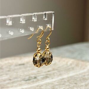 Victorian Style Black Diamond Teardrop Earrings With Gold Accents